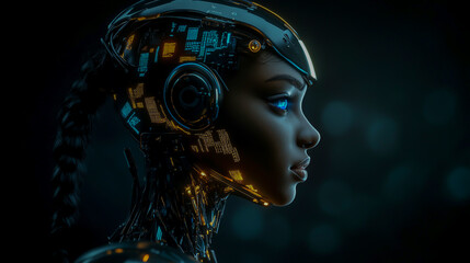 A hyper-realistic depiction of a black female robot with gold circuitry and glowing blue details on her face