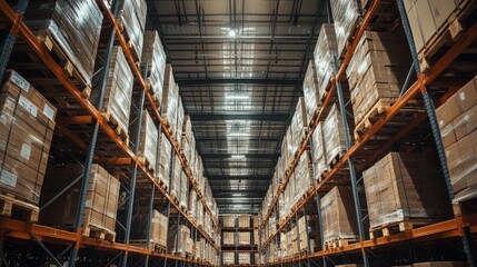 Obraz premium Large Warehouse Interior Filled with Stacked Boxes and Pallets