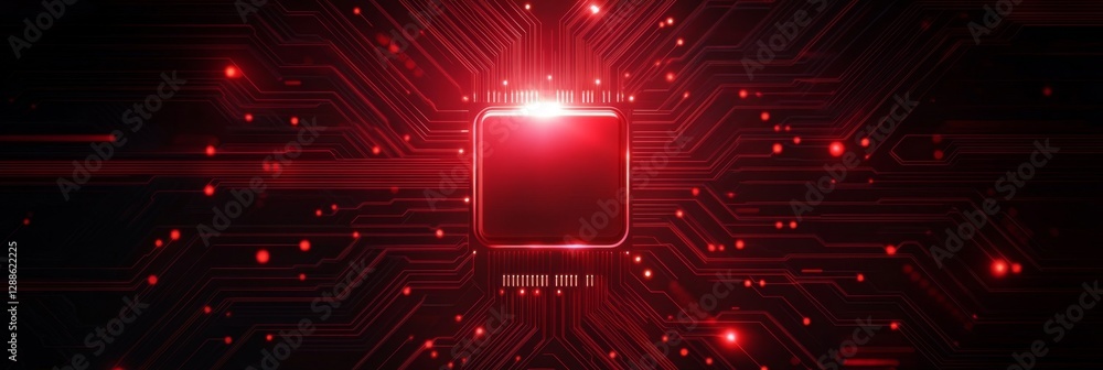 Poster glowing red microchip on circuit board with light effects