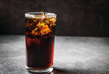 Cola soft drink with ice cubes, soda pop fizzy drink in Cold glass on gray background