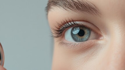Close up of a woman's eye with long eyelashes and perfect eyebrow shape, reflecting light and showcasing the application of makeup, highlighting the beauty and health of the eye