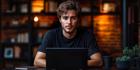 Young man in relaxed home office setting working on laptop with minimalist aesthetic focusing on productivity and modern technology
