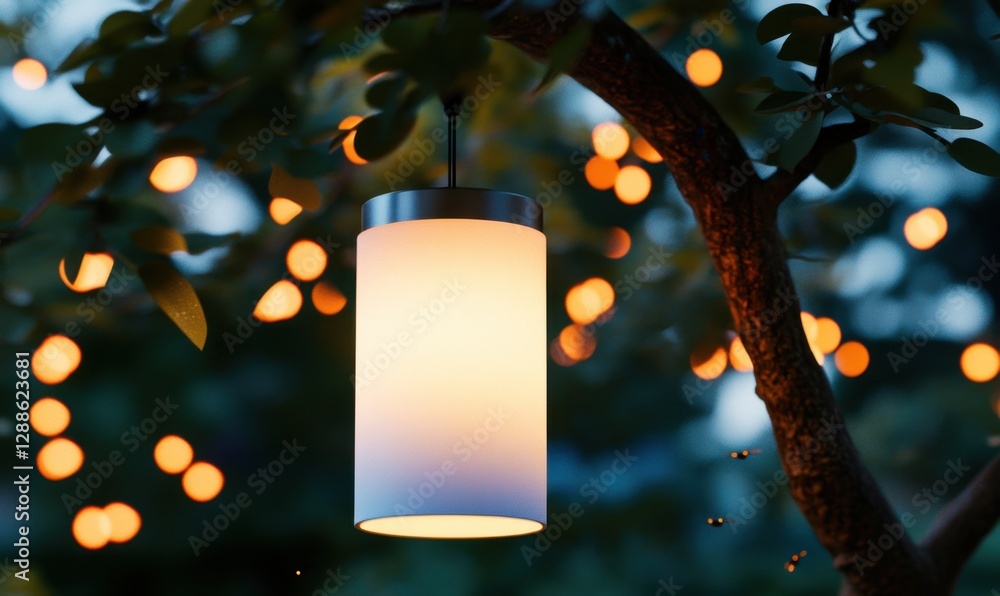 Poster glowing lantern hanging from tree at dusk, with string lights in background