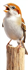 Fototapeta premium Singing sparrow perched on wood nature reserve wildlife photography bright environment close-up bird behavior