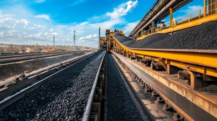 Fototapeta premium Coal Conveyor: Elevated Belt System Under Blue Sky
