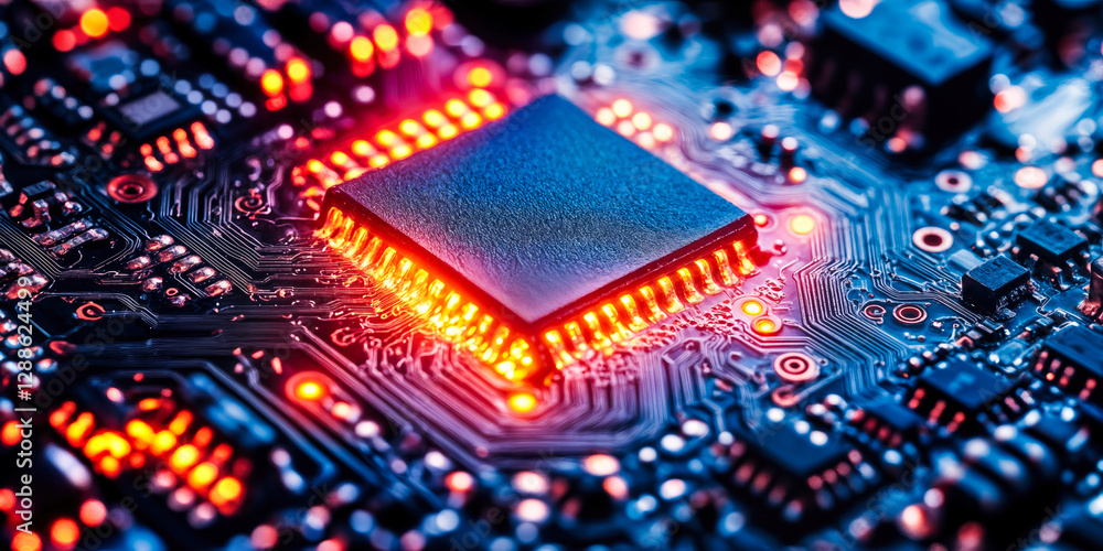 Poster ai-enhanced microchip on circuit board illuminating consumer electronics storage technology innovati