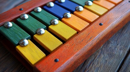 Naklejka premium Colorful Wooden Xylophone on a Wooden Surface with Bright Bars