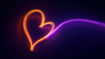 Human heart on a black background in purple and orange neon lines - banner - copy text