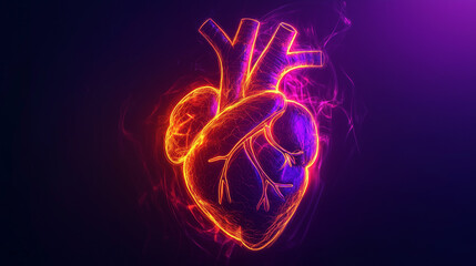 Human heart on a black background in purple and orange neon lines - banner - copy text
