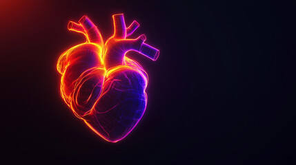 Human heart on a black background in purple and orange neon lines - banner - copy text