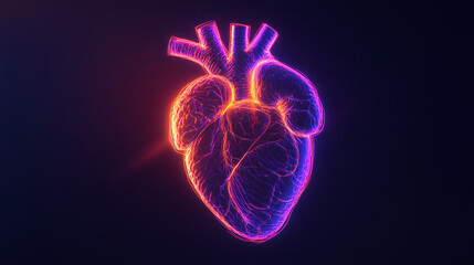 Human heart on a black background in purple and orange neon lines - banner - copy text