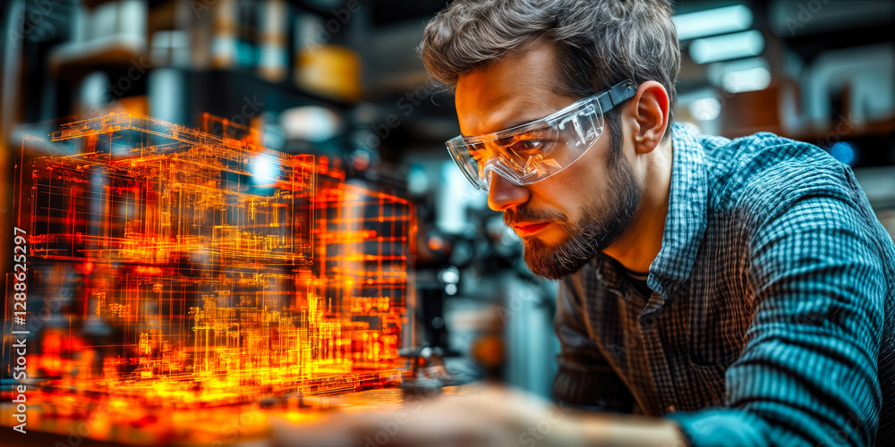 Poster man engaged in augmented reality technology visualization with digital holographic display in modern