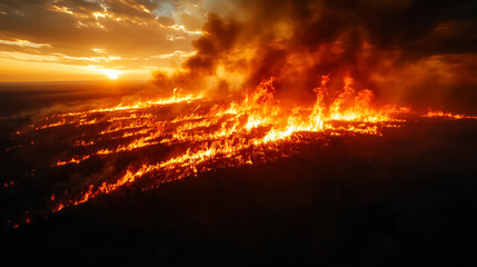 Obraz premium An aerial view of a wildfire racing across dry grasslands, with bright orange flames creating a stark contrast against the darkened earth