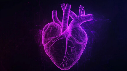Human heart on a black background in purple and orange neon lines - banner - copy text