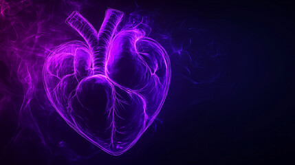 Human heart on a black background in purple and orange neon lines - banner - copy text