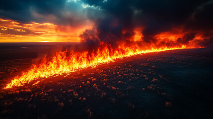 An aerial view of a wildfire racing across dry grasslands, with bright orange flames creating a stark contrast against the darkened earth