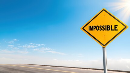 A yellow road sign displaying the word "IMPOSSIBLE" against a bright blue sky, symbolizing challenges and barriers. goal of life achievement learning. success,