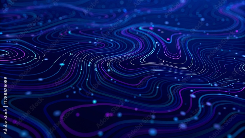 Poster Abstract digital background from rounded colored lines. Big data visualization. 3D rendering. Abstract colorful circular lines on a dark blue background. dynamic background.Futuristic neon swirl lines