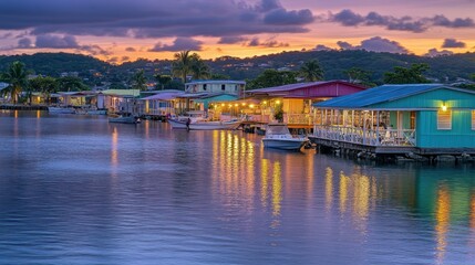 Fototapeta premium Sunset over colorful Caribbean waterfront houses