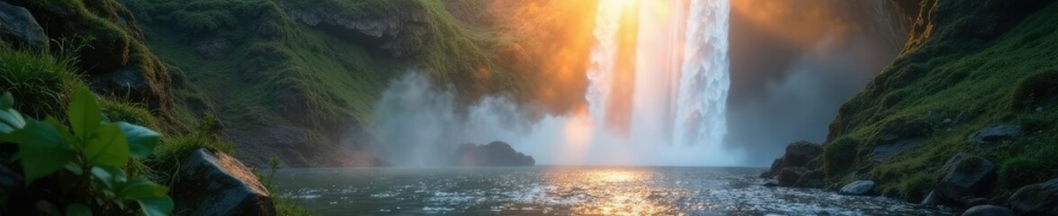 Mist and dew surround a suspended waterfall at dawn, mystical, dew