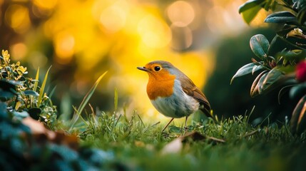 European Robin Perched on Grass with Blurred Background Effects