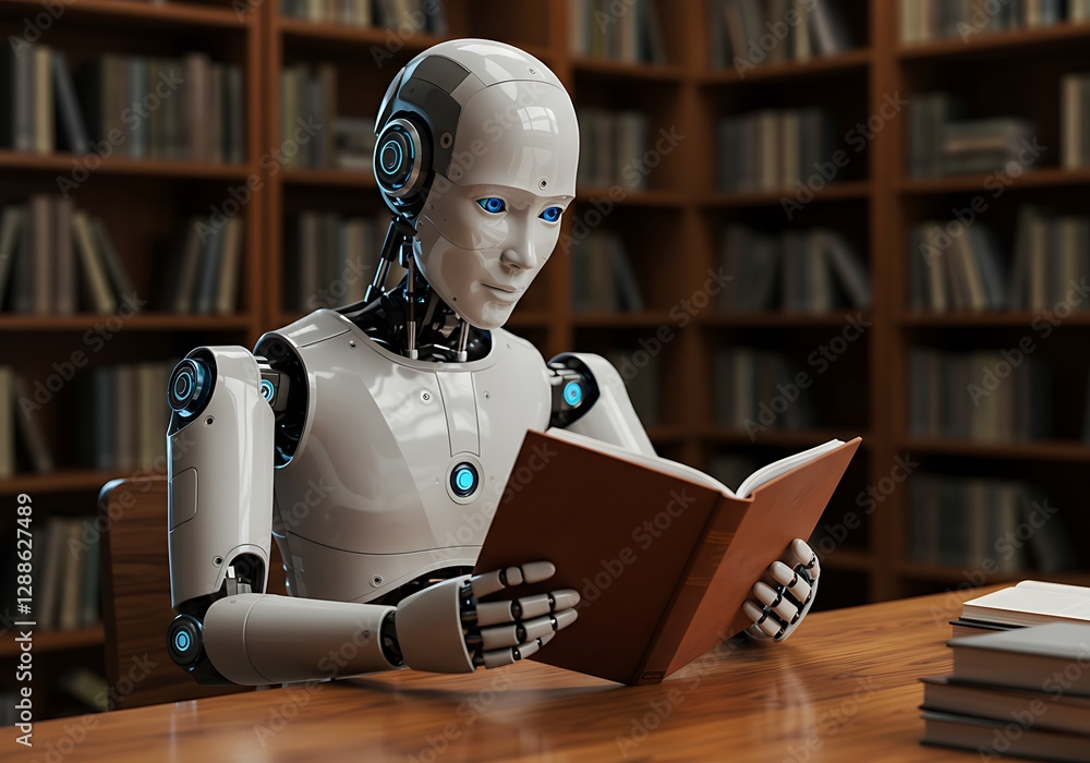 Poster ai robot reading a book in a library