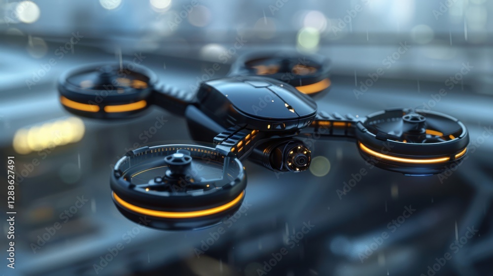Poster advanced technology drone in urban environment with rain in background for innovative transport solu