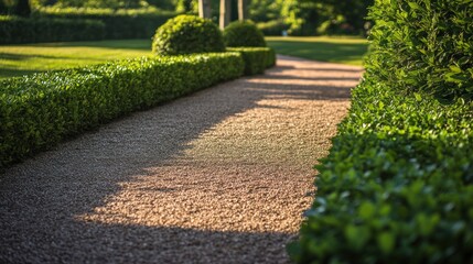Obraz premium Sunlit garden path, gravel, hedges, park, tranquil scene, design