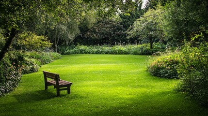 Fototapeta premium Tranquil Garden Scene with a Lonely Bench Surrounded by Nature