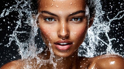 Obraz premium Woman, water splash, beauty, portrait, studio, dark background, skincare, advertising