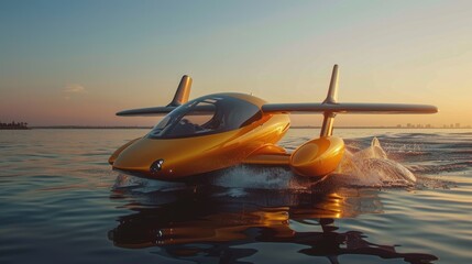 Obraz premium Innovative Water and Air Transport Vehicle Emerging from Calm Waters at Sunset