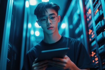 It specialist using tablet in server room with neon lights