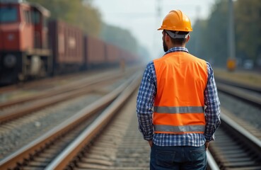 Obraz premium Railway assessment by construction worker in orange vest, helmet. Railroad inspection concept. Engineer checks railway, wagon on background. International Labor Day, Workers Day, May Day.