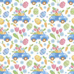 Seamless Easter pattern, Cute blue car with giant carrots, side view, spring flowers, fresh garden vegetables delivery, Easter colorful eggs, vector illustration on a white background for printing 