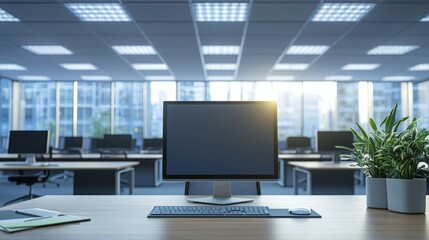 Fototapeta premium Modern Office Workspace with Computer, Natural Light, and Plants