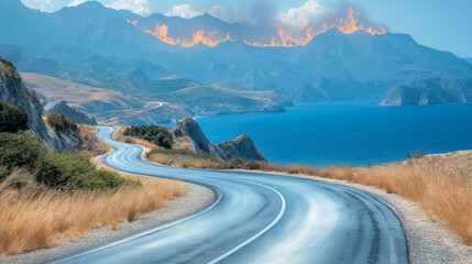 Fototapeta premium winding road along the sea and hills covered in flames