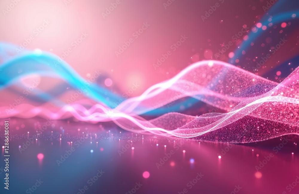 Poster Abstract futuristic background with pink blue glowing neon moving wave lines, bokeh lights. Data transfer concept wallpaper. Fantastic digital wallpaper. Modern cyber space science fiction hi-tech