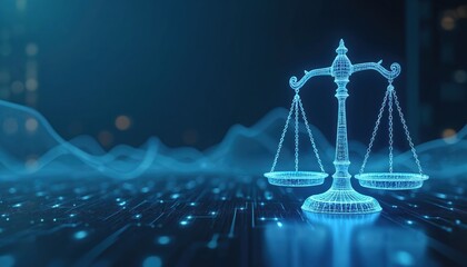 Digital balancing scale justice, fairness in modern technology environment. Holographic scales balance on illuminated datum background of ai circuitry. Innovation concept in abstract futuristic