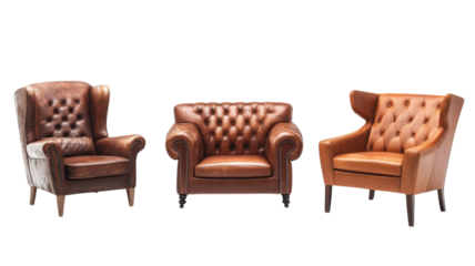 Collection of vintage leather armchairs in various styles displayed against a neutral background