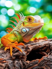 Fototapeta premium Colorful iguana resting on tree bark tropical forest wildlife photography natural habitat close-up vibrant colors