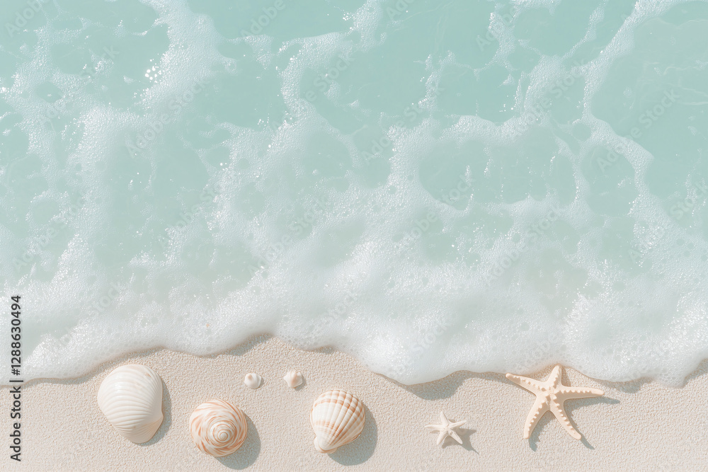 Poster seashells and starfish: a serene beach scene with soft waves gently caressing the shore, adorned wit