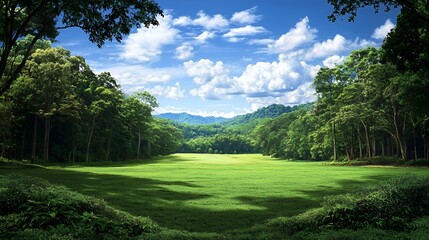 Obraz premium Lush Green Forest Meadow Landscape Under a Sunny Sky