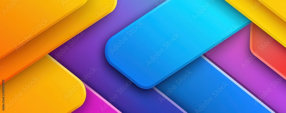 Poster a vibrant, abstract design featuring overlapping colorful rectangles in shades of yellow, blue, and 