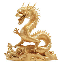 Fototapeta premium A Chinese dragon sculpture in gold, Isolated on transparent or white background cut out, Historical Icons and Symbols clip art concept