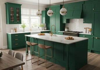 Emerald Green Champagne Gold Kitchen design Farmhouse Japandi decor