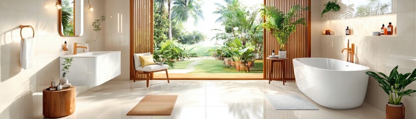 Fototapeta premium Relaxing bathroom oasis tropical garden view interior design bright & airy environment modern aesthetic