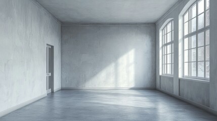 Minimalist Empty Room with Large Windows and Sunlight Reflection