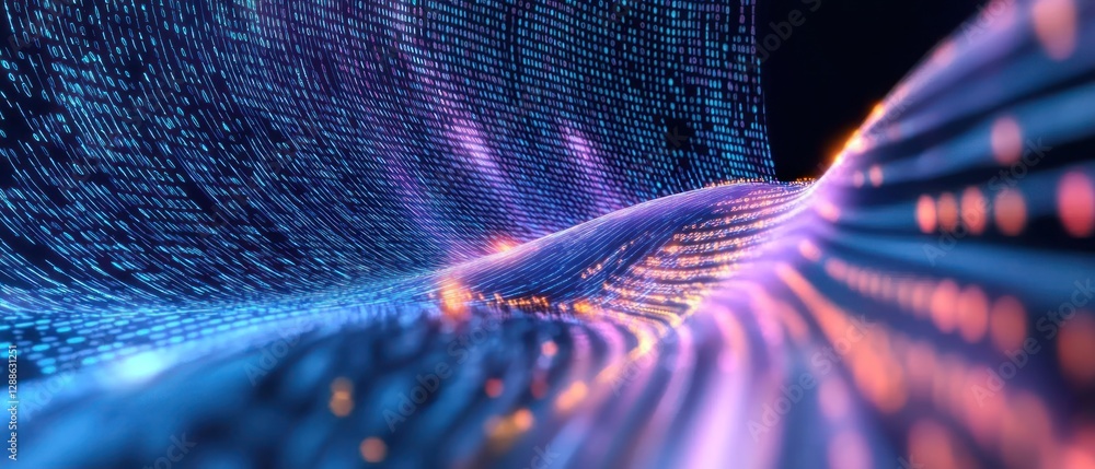 Poster abstract digital wave with glowing particles and binary code in a futuristic setting