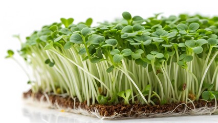 Fresh microgreens growing on soil mat on white background. Created with Ai