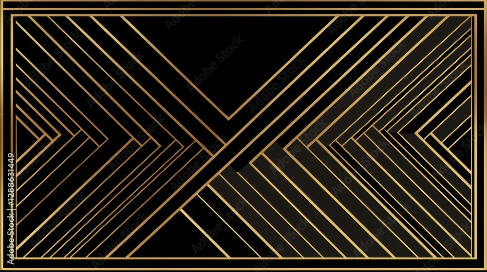 Poster a geometric pattern featuring intersecting gold lines on a black background, creating a sophisticate
